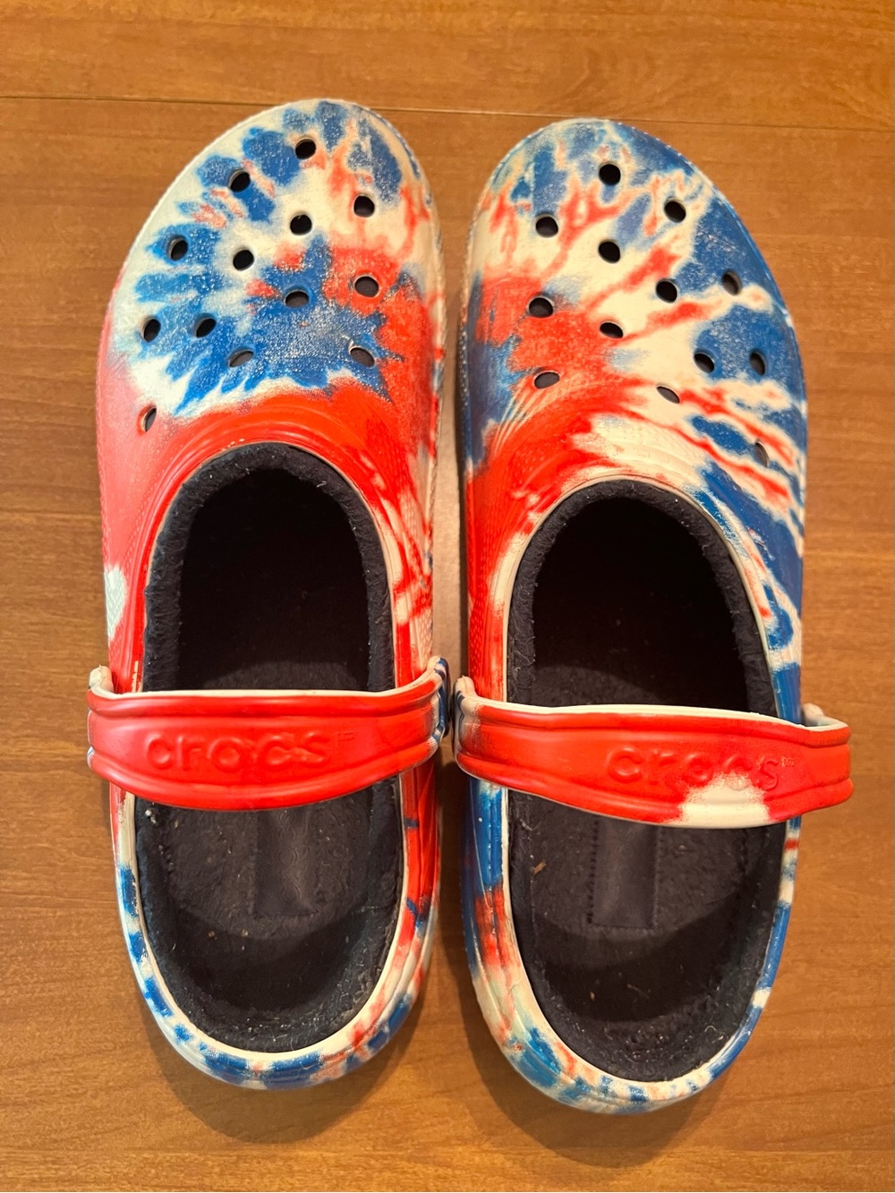 CROCS Red, Blue & White Tie-Dye Clog with Red Heel Strap